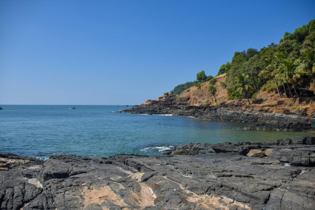 Gokarna beach with coconut trees along the shoreline and calm sea view