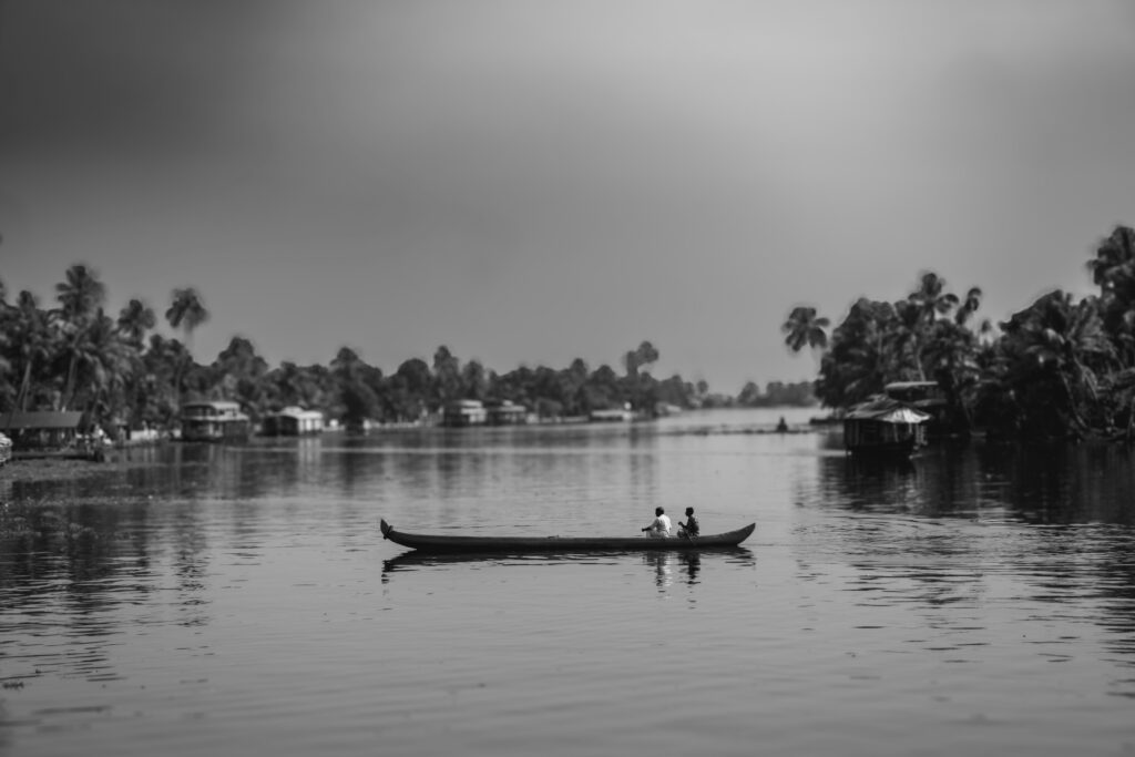 Boat in water surrounded by coconut trees in Kerala